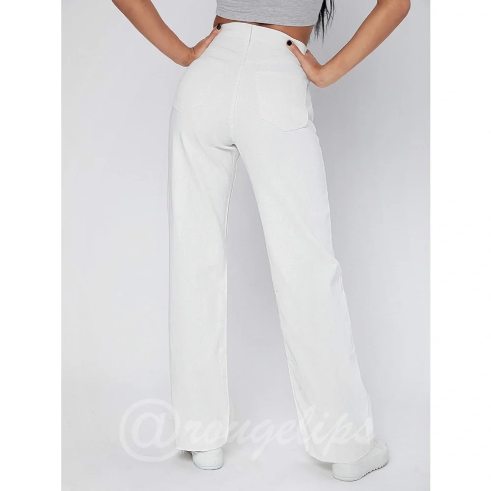 90s Style White Wide Leg Jeans High Waist Raw Hem - Picture 5 of 15